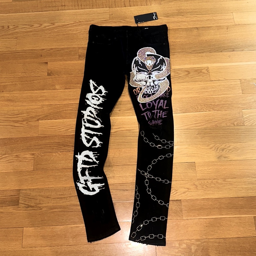 GFTO Los Angeles Elijah Black Denim Embellished / Rhinestone Graffiti Pants NEW
